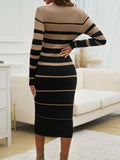 Color Block Round Neck Long Sleeve Midi Dress