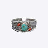 Handcrafted Turquoise and Coral Feather Cuff Bracelet